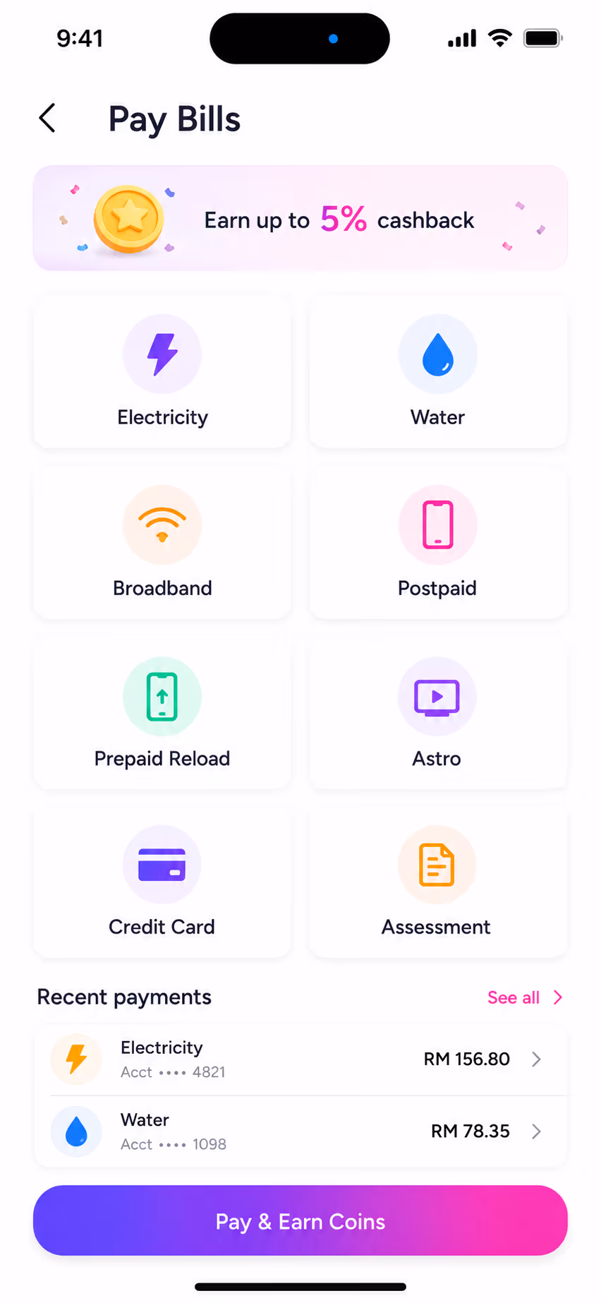 Rewards Super App: Bill payment flow for a Malaysian utility provider with cashback line