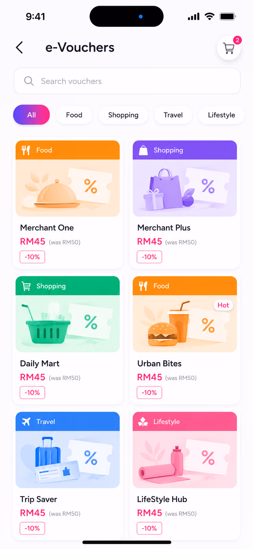 Rewards Super App: e-Voucher marketplace tile grid showing partner brand discounts