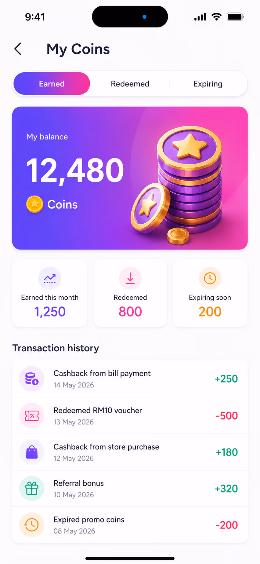 Rewards Super App: Wallet view summarizing earned cashback, vouchers and pending bills