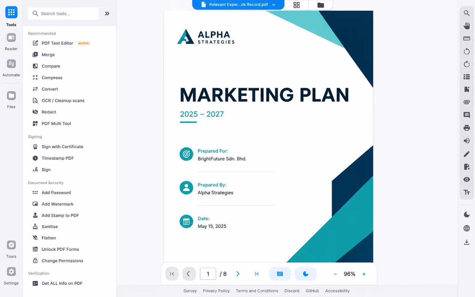 Smart PDF & Document Toolkit: PDF text editor open on a marketing plan with the full tool sidebar visible