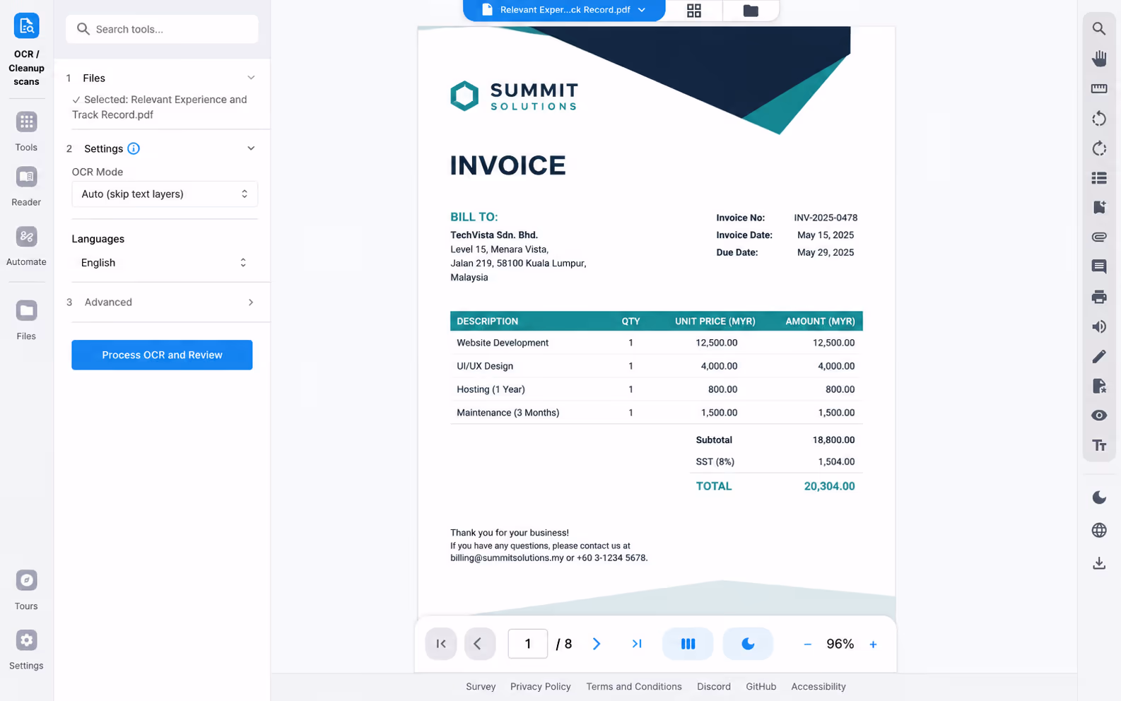 Smart PDF & Document Toolkit: OCR cleanup scan extracting structured fields from a supplier invoice