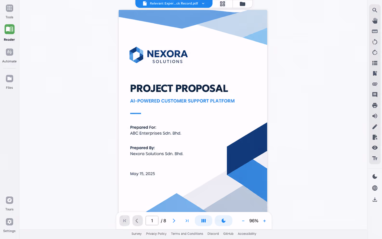 Smart PDF & Document Toolkit: Reader view of a project proposal with navigation and annotation controls