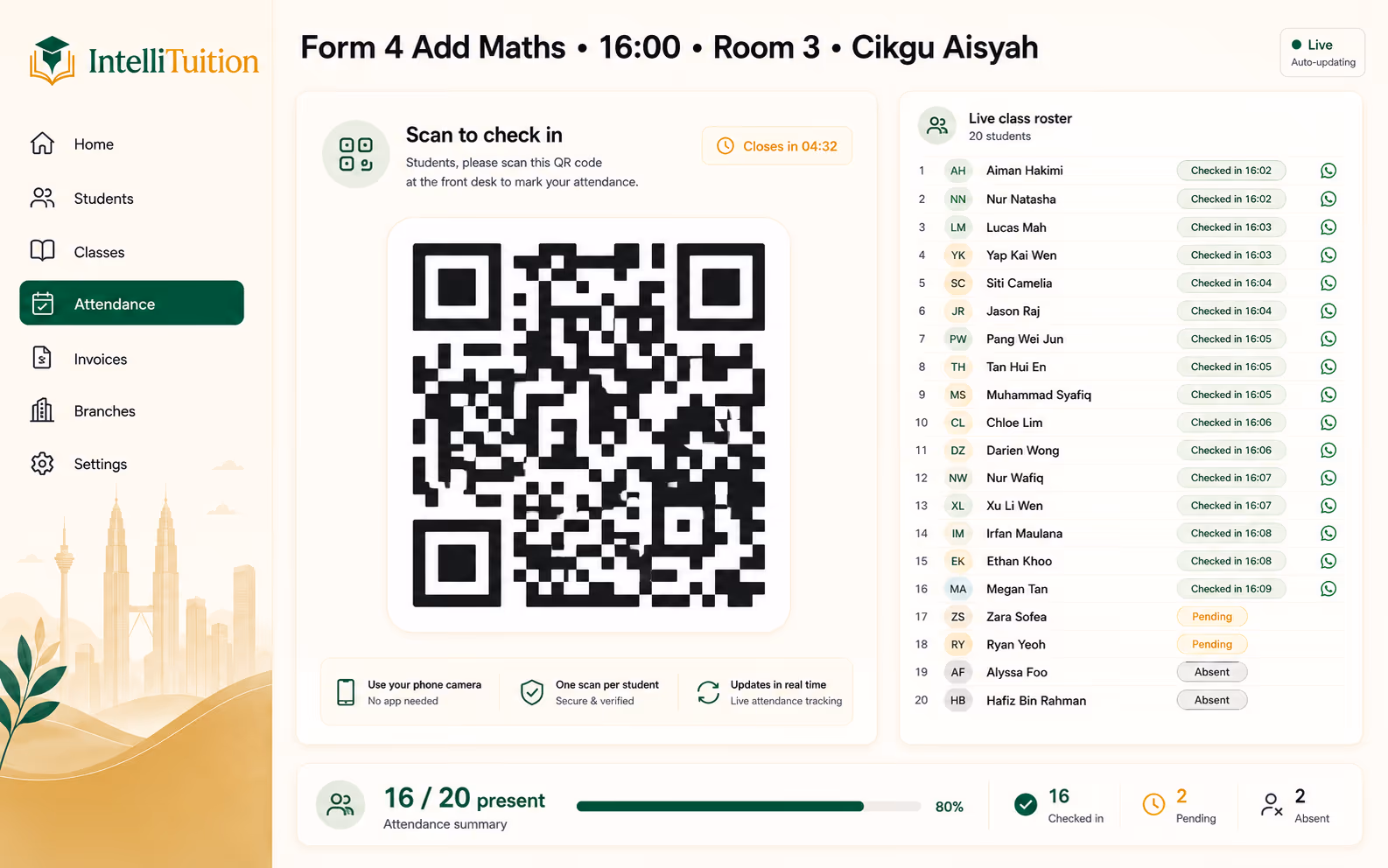 IntelliTuition: Automated WhatsApp fee reminder sent to a parent before next class